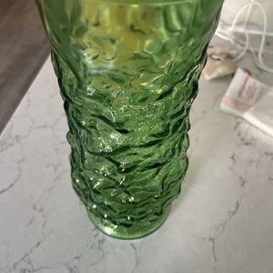 Vintage Emerald Green Crinkle Glass Flower Vase  1960's E. O. Brody Co.  9 “